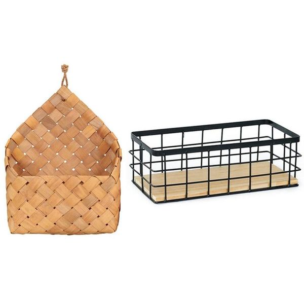 

pcs garden hand-woven wood basket weaving storage & 1 iron holders home shelf baskets