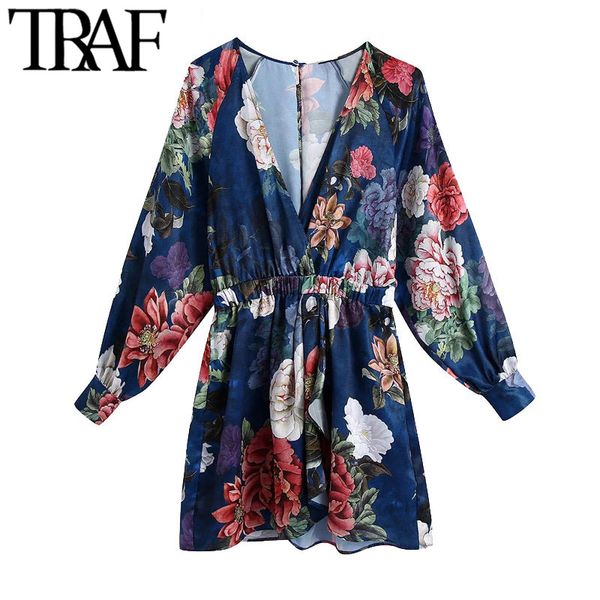 

traf women chic fashion floral print ruffled playsuits vintage long sleeve elastic waist female short jumpsuits mujer 210415, Black;white