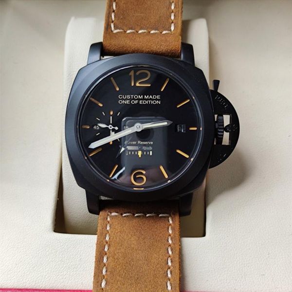 

wristwatches 44mm automatic mechanical watch power reserve super stainless steel black dial luminous waterproof men's p07, Slivery;brown