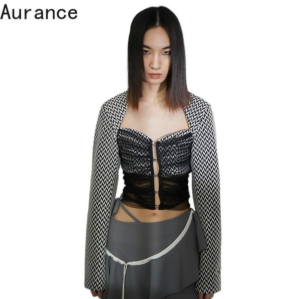 

women's jackets [aurance] vintage plaid loosesquare collar long sleeve mesh abstract pattern jacket women coat fashion spring female 20, Black;brown