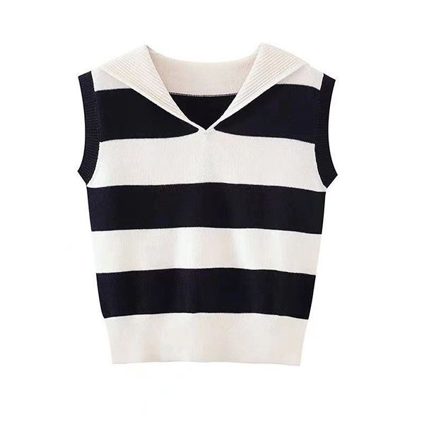 

2022 summer women's sweater fashion crop sleeveless stripe knitted vintage vest pullover casual female paris luxury, White;black