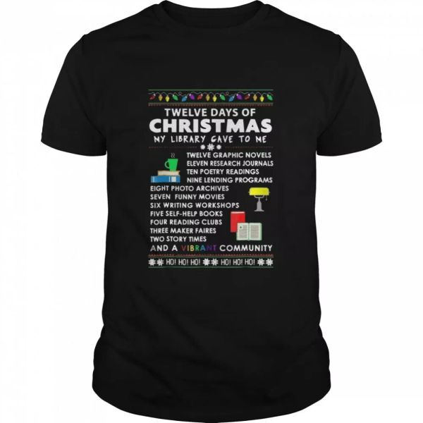 

12 Days Of Christmas Library Song T-shirt, White;black