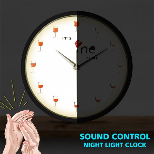 

it's wine time wall clock modern design red glass metal frame led lighting drinker voice control silent watch clocks