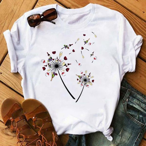 

maycaur dandelion wine casual women t shirt summer loose short sleeves ladies cool tee for lover vintage shirts, White