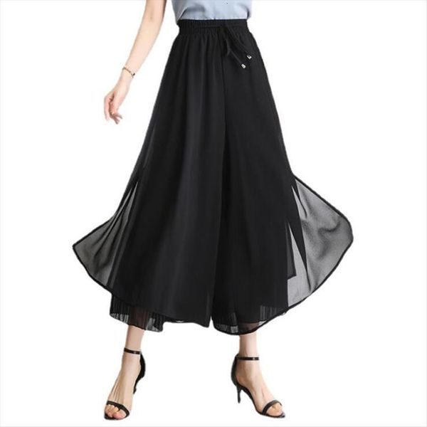 

large size wide leg summer women pants casual high waist chiffon side split loose bohemia skirt capris solid s 5xl, Black;white