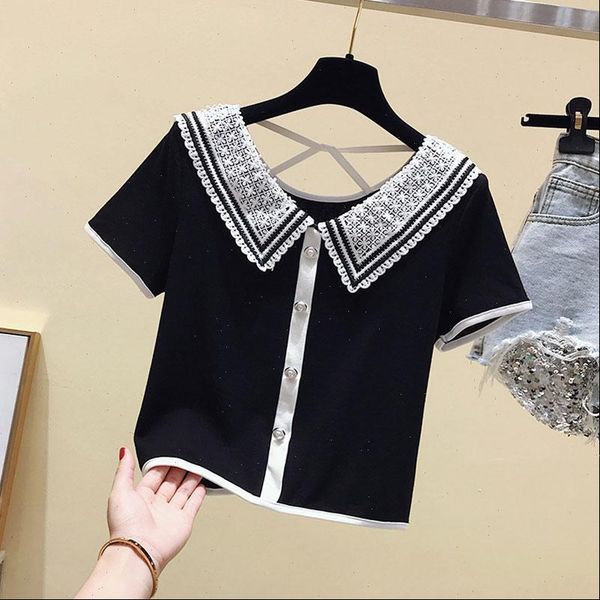 

spring summer style button women shirts striped short sleeve peter pan collar slim dd9070, White