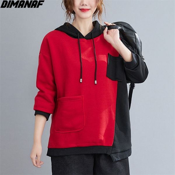 

plus size women hoodies & sweatshirts casual patchwork black red thickening cotton autumn pullover 210531
