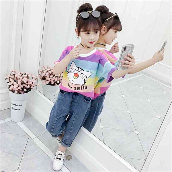 

kids girls t-shirt summer cute purple yellow striped teens girl children tees 4 5 6 7 8 9 10, Blue
