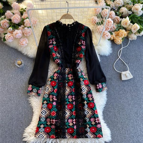 

casual dresses women embroidery ol office lady y2k lace patchwork party dress fashion vintage vestidos clothes wear d557, Black;gray