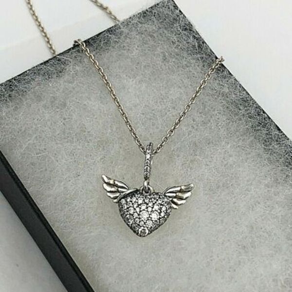 Ювелирные изделия Ожерелье дизайнер Pandora День Святого Валентина Pave Heart Angel Wings 925 Стерлинговое Серебро Дизайнерские Ожерелье Для Женщин Подвеска Наборы День Рождения 398505C01