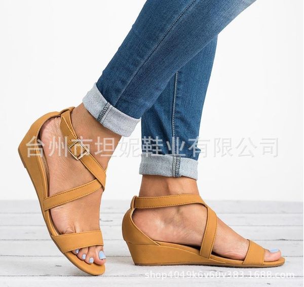 

cross-strap wedges plus size gladiator sandals women med rome canvas cover heel buckle shallow summer bohemian shoes, Black