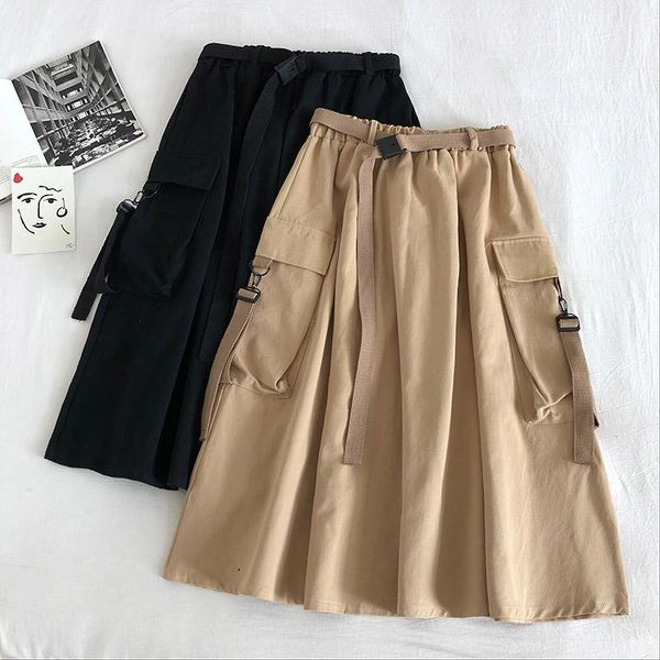 

skirts belt skirt sense design double pocket workwear half-length full 2021 early spring high-waisted midi with, Black