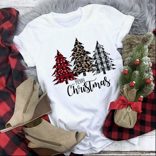 

leopard plaid tree print merry women christmas graphic xmas tee cute femme, White