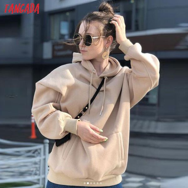 

tangada women fleece hoodie sweatshirts winter japanese fashion 2021 oversize ladies pullovers warm pocket hooded jacket sd60, Black