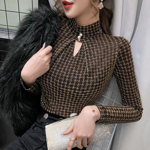 

women's t-shirt 2021 spring summer elastic shiny clothes houndstooth hollow out women ropa mujer bottoming shirt tees, White