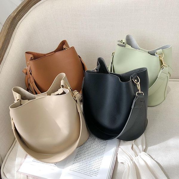 

cross body simple solid color pu leather bucket bags for women fashion large capacity crossbody shoulder bag female trending handbags tag