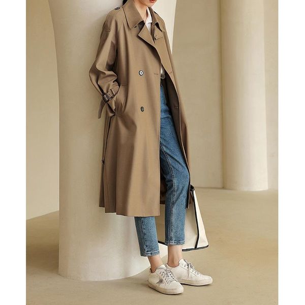 

women's trench coats fdfklak 2021 spring autumn coat lapel female windbreaker long sleeve lady trend casual jacket, Tan;black