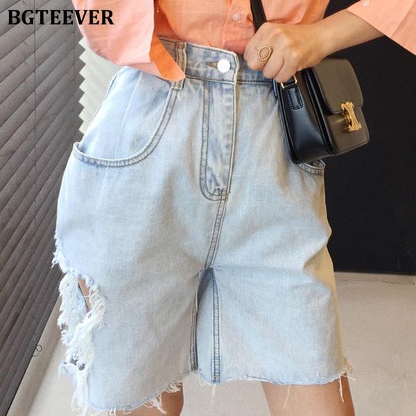 

summer high street ripped holes women denim shorts waist casual loose tassels female jeans 2021 women's, White;black
