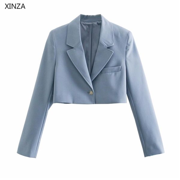 

women's wool & blends women cropped blue blazer long sleeve shoulder pads office coat blazers woman fashion wrap spring vintage o, Black