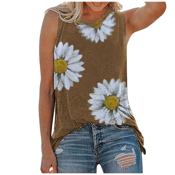 

print daisy vest summer flower o-neck sleeveless casual women's, Black;white