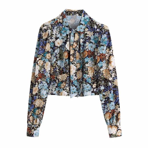 

women's blouses & shirts 2021 women floral printed blouse long sleeves collared casual fashion vintage chic cropped woman shirt, White