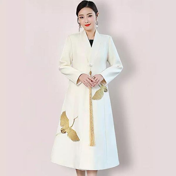 

women's wool & blends coats for women chinese style autumn winter warm v neck embroidery tassel covered button long sleeve outwear, Black