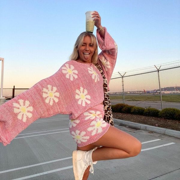 

women's tracksuits floral knitted casual sweater matching set loungewear loose and shorts fashion outfits autumn 2021 clothes, Gray