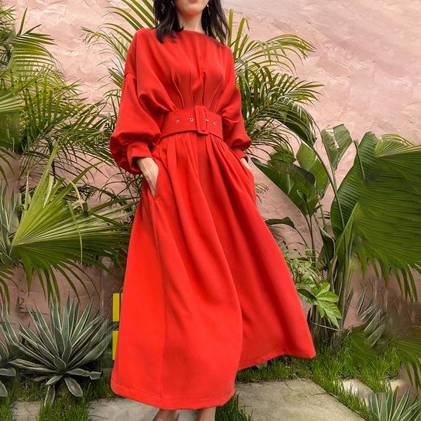 

party dresses [ewq] korea chic trendy women one-word collar red bat sleeve belt fashion simplicity loose pocket dress summer 2021 16e1091, White;black
