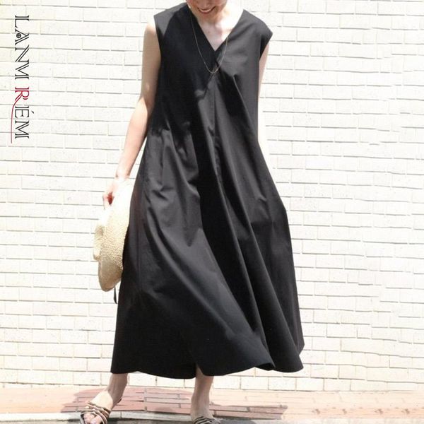 

spring v-neck sleeveless big swing loose japanese style mid-calf length black all-match dress for women 2a3025 210507, Black;gray