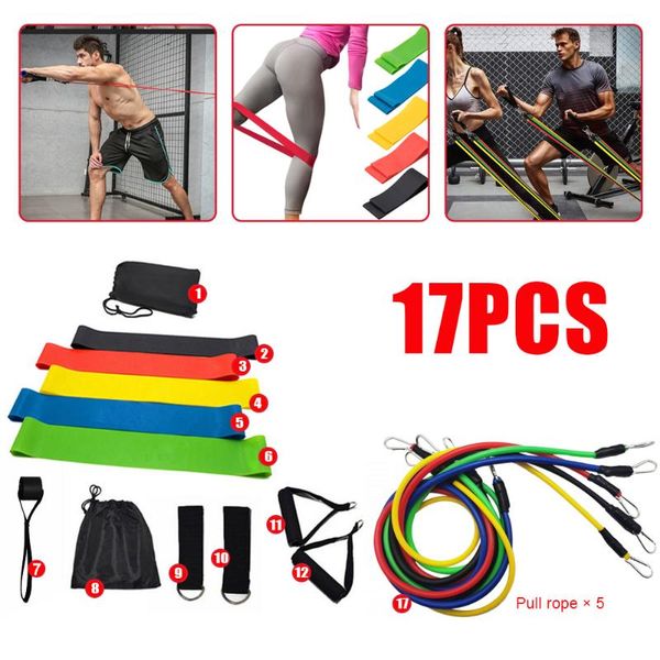 

resistance bands 17 piece set 100lb multi-function sports rally elastic rope carabiner device + tpe ring (5pcs)