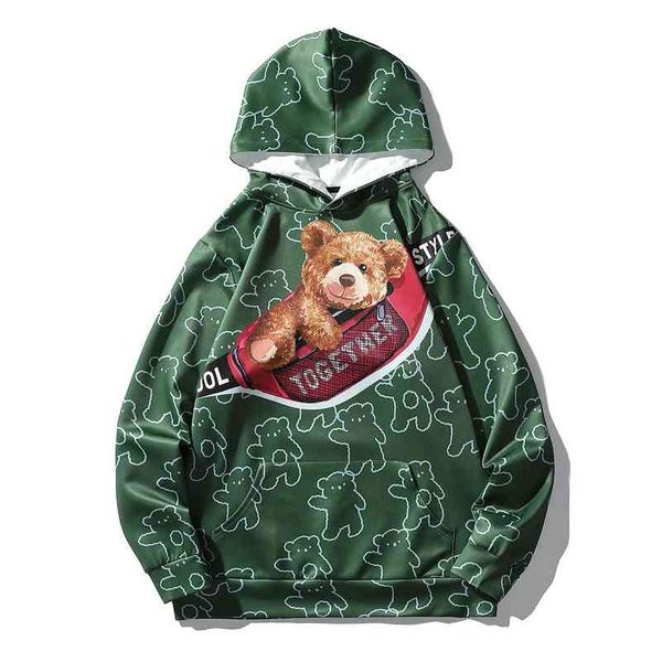 

hoodiesautumn and winter 2021 new men's sweater fashion brand loose casual pocket bear 3d printed hooded jacket couple, Black