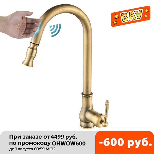 Rubinetti da cucina ELLEN Touch Control estraibili Antqiue Bronzo Miscelatore da cucina Rubinetto con sensore gru Acqua fredda EL902B 210724