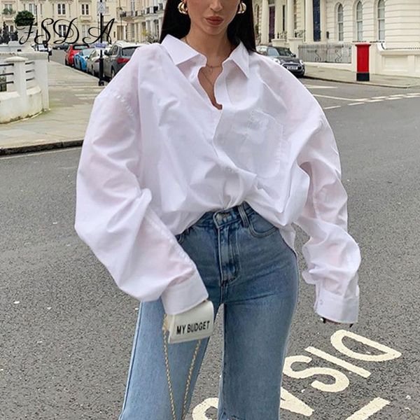 

2021 autumn long sleeve loose blouse shirt women elegant white button turn down collar casual oversized shirt vintage top, Black;white