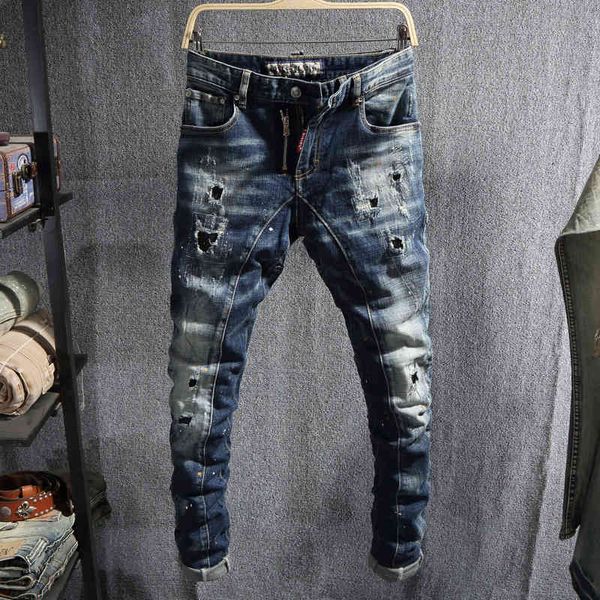 

jeans italian style fashion retro dark blue spliced designer destroyed ripped men biker pants streetwear hip hop jeans