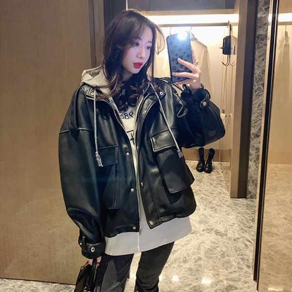 

women's leather & faux fmfssom loose motobiker autumn winter hood black pu soft jacket streetwear zipper big pocket short coat outwear