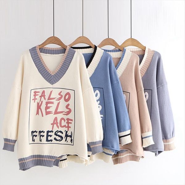 

autumn and winter fashion wild women sweaters v neck irregular hem letter printed pullover sweater, White;black