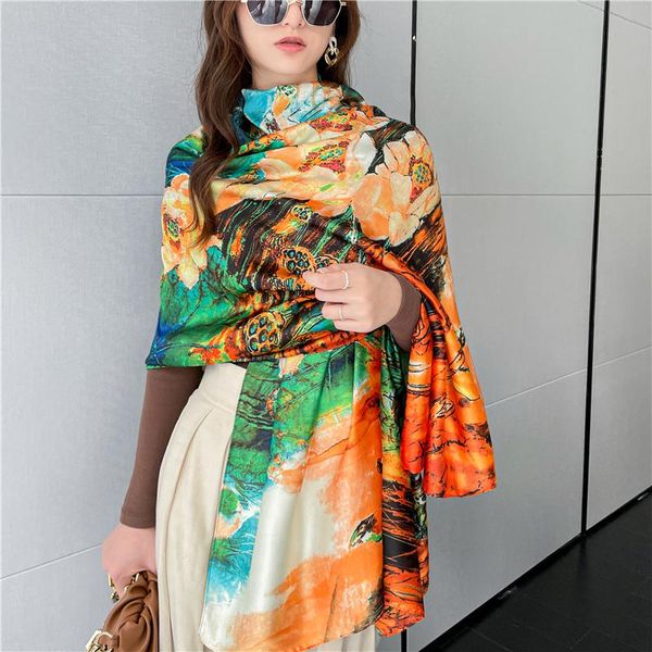 

scarves 2021 summer elegant women silk scarf hijab muslim headband shawl wraps female spring beach stoles neckerchief hand bag foulard, Blue;gray