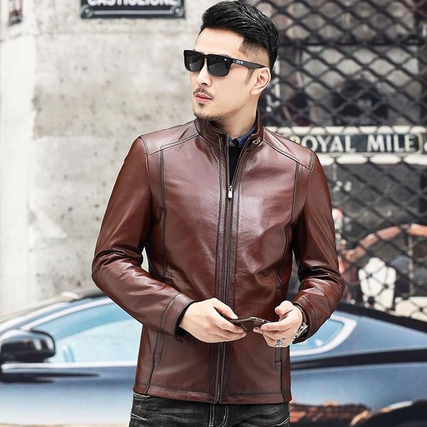 

men's leather & faux 2021 autumn 100% genuine cowhide jackets man stand-up collar motorcycle and biker jacket for men chaquetas hombre, Black