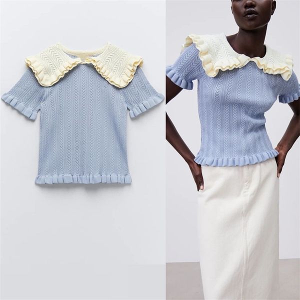 

vintage ruffle knit sweater women short puff sleeve blue spring knitted woman fashion streetwear elastic pullover 210524, White