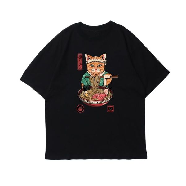 

men's t-shirts neko ramen japan cat anime t shirt aesthetic cotton cool vintage t-shirt harajuku streetwear oversized tees, White;black
