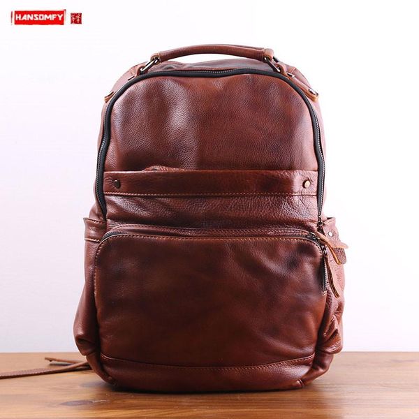 

backpack men bag casual leather lapliterary youth travel male computer dark brown first layer cowhide original