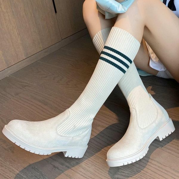 

boots black beige women stretch sock slip on sqaure heel knitting knee high ladies round toe autumn winter shoes plus size