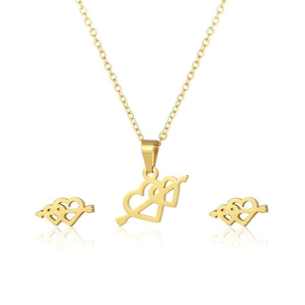 

earrings & necklace women stainless steel romantic cupid arrow jewelry set cute double heart for lover valentines dating accessories, Silver