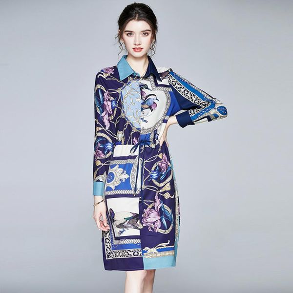

casual dresses 2021 runway autumn vintage shirt dress women's long sleeve blue floral print drawstring waist slim holiday robe, Black;gray