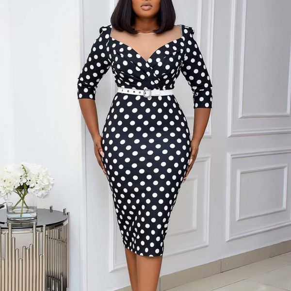 

women bodycon dresses polka dot high with waist belt skinny office ladies classy modest spring autumn fashion female robes 210416, Black;gray