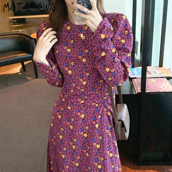 

matakawa slim waist puff sleeve print floral long dress women korean chic undefined o-neck vestido feminino pleated femme robe 210513, Black;gray