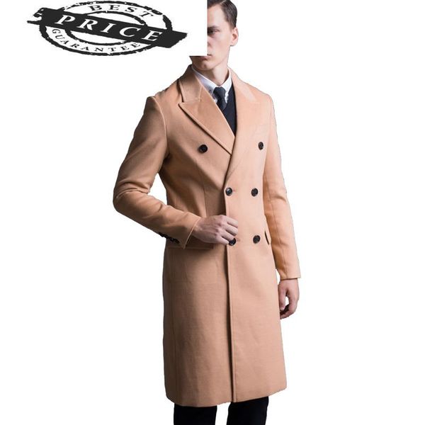 

men's trench coats winter coat men casual cashmere wool double botton jackets warm pockets overwear camel dark gray black s-7xl, Tan;black