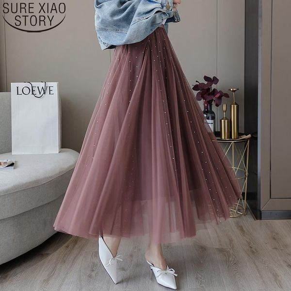 

skirts women midi skirt long mesh pleated tulle soild beading high waist fashion 2021 casual ladies spring summer 9707, Black