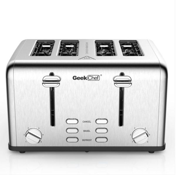 

2021 baking dishes pans toaster 4 slice geek chef stainless steel extra-wide slot with dual control panels of bagel/defrost/cancel function(