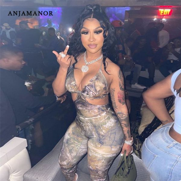 

anjamanor 2021 fashion cut out halter bodycon jumpsuit club outfits for women summer clothes 1 piece outfit d87-be17, Black;white